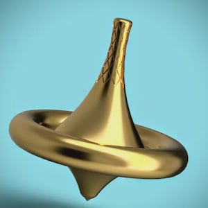 May include: A gold-colored spinning top with a decorative pattern on the top. The top is made of a smooth, shiny material.