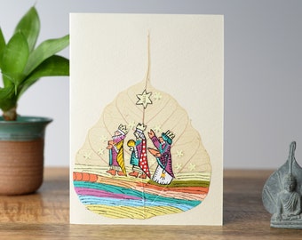 Weihnachtskarte handgemalt auf Bodhi-Baumblatt. MuttertagSVERKAUF.
