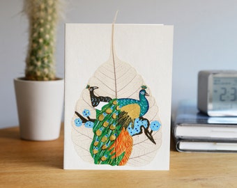 Peacock painting. Hand painted cards, Bodhi tree art, Yoga gifts, Birthday gift for her, Framable original art. Love card.
