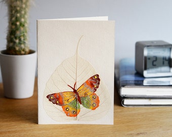 Colorful Hand Painted Greeting Card. Monarch butterfly on Bodhi Leaf on Handmade Paper.Bodhi tree leaf original art.