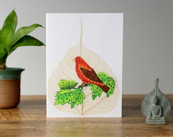 Red Bird on Bodhi Tree Leaf Hand Painted Greeting Card. Birthday, Mother's Day, Wedding, Engagement, Anniversary, Mother's Day SALE.