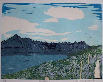 Cuillin Linoldruck, Skye, Isle Of Skye, Schottland, Berge, Skye Cuillins, Reduktion Linolschnitt, Kunstwerk