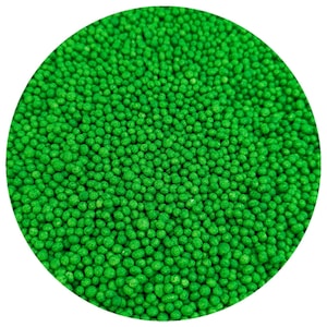 May include: A close-up image of green sprinkles. The sprinkles are small and round, and they are all the same size. They are perfect for decorating cakes, cupcakes, and other desserts.