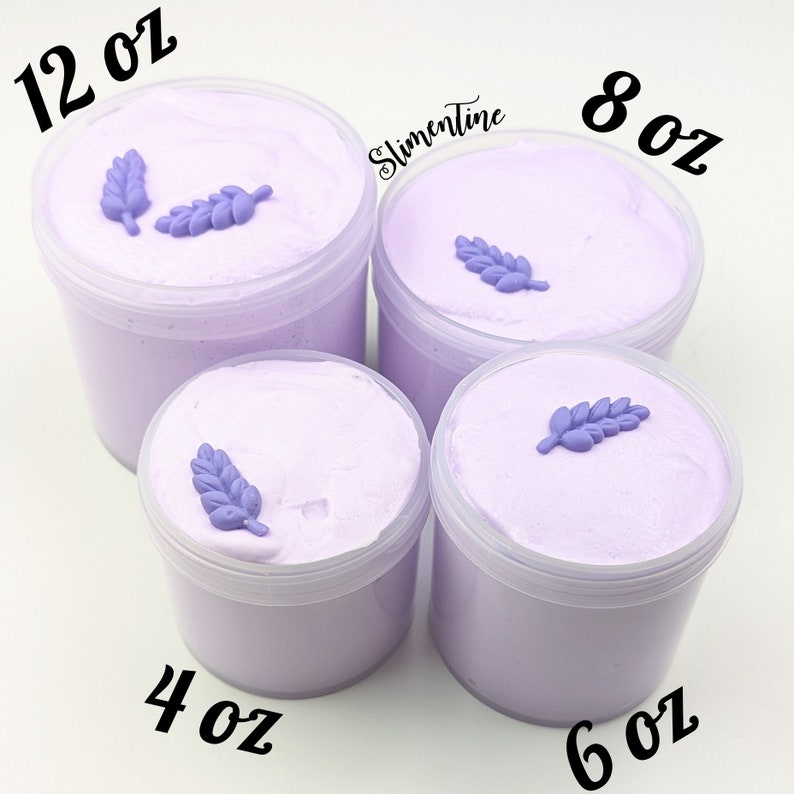 May include: Four clear plastic containers of lavender-colored slime with purple flower decorations. The containers are labeled 4 oz, 6 oz, 8 oz, and 12 oz. The text "Slimentine" is visible in the background.