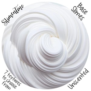 May include: A close-up of white slime with a swirling texture. The image includes the text "Slimentine," "Base Slimes," "Unscented," and "7 textures to choose from."