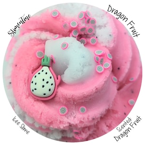 May include: Pink and white slime with a dragon fruit scent. The slime is topped with white and grey dragon fruit slices. The slime is labelled "Icee Slime" and "Dragon Fruit".
