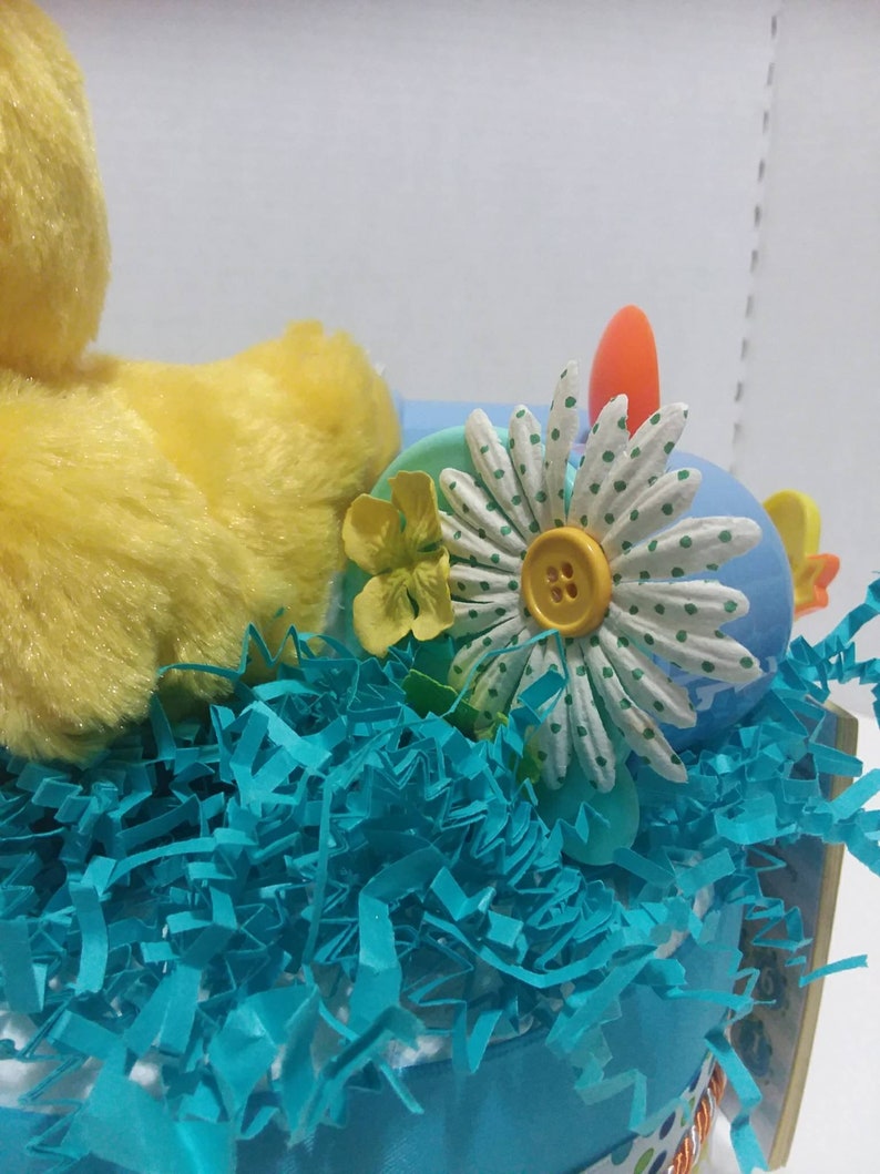 Baby ducky diaper cake duck diaper cake Gender neutral diaper cake pond nursery ryme quack yellow blue green fish flower bag clip milestone