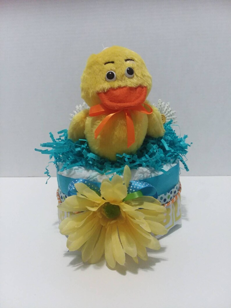 Baby ducky diaper cake duck diaper cake Gender neutral diaper cake pond nursery ryme quack yellow blue green fish flower bag clip milestone