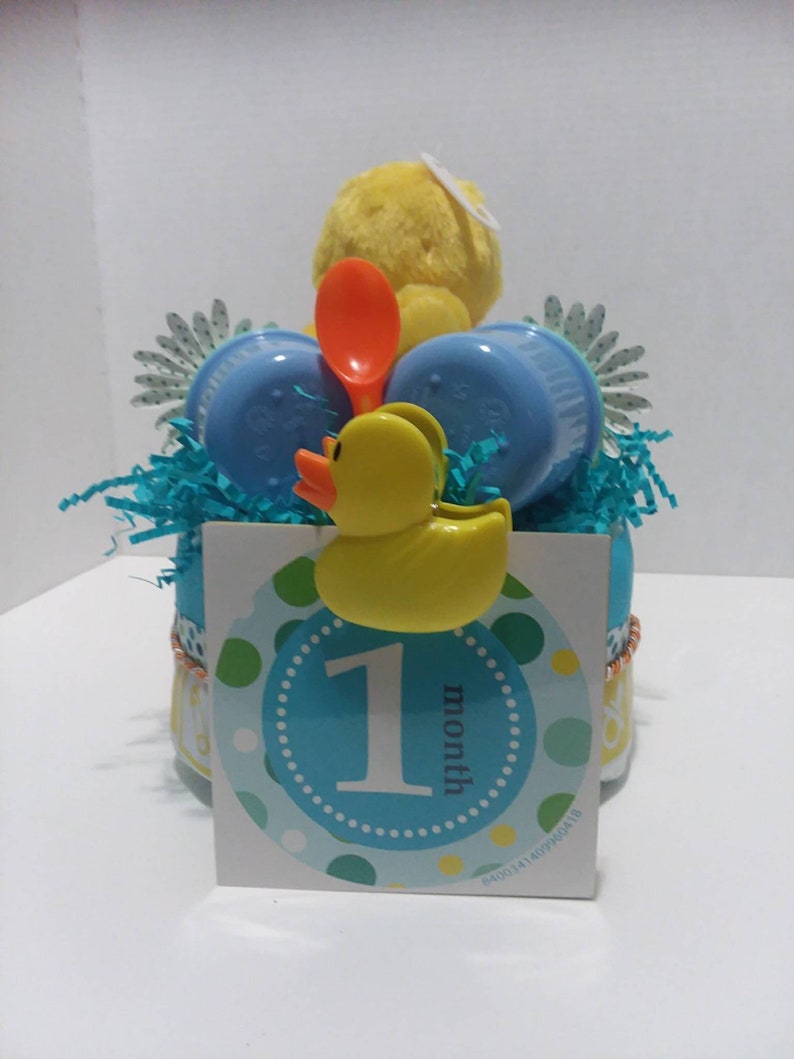 Baby ducky diaper cake duck diaper cake Gender neutral diaper cake pond nursery ryme quack yellow blue green fish flower bag clip milestone