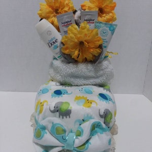Baby ducky diaper cake duck diaper cake Gender neutral diaper cake pond nursery ryme quack yellow blue green fish flower bag clip milestone