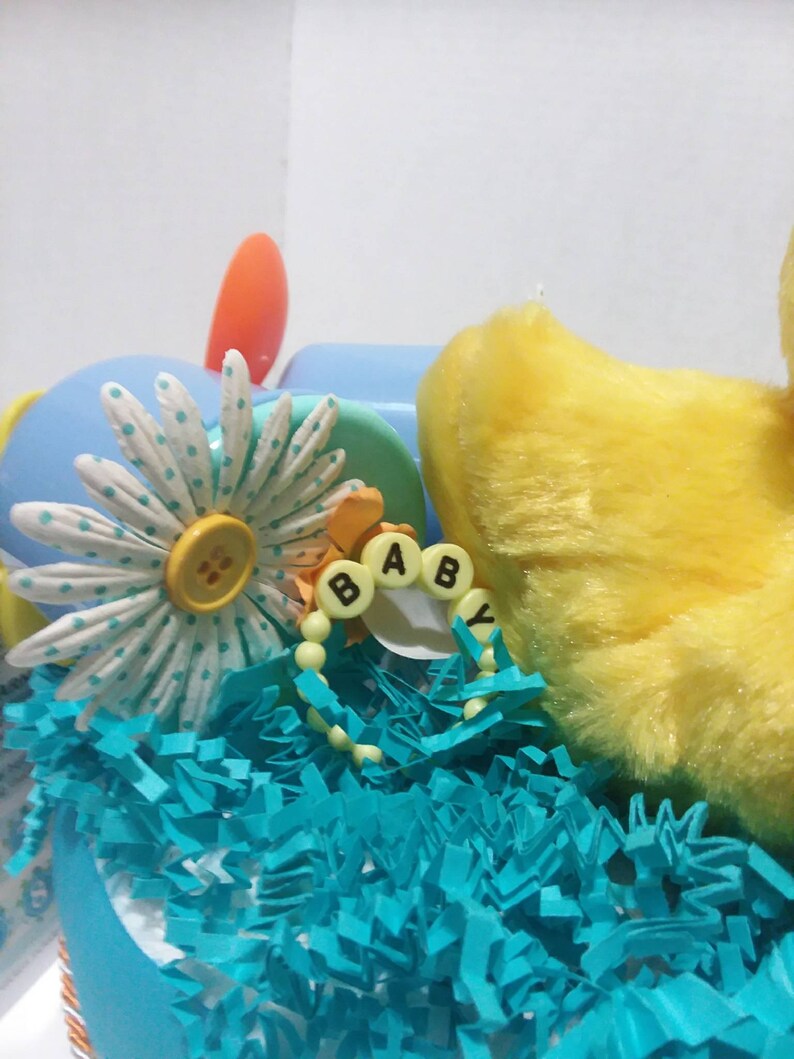 Baby ducky diaper cake duck diaper cake Gender neutral diaper cake pond nursery ryme quack yellow blue green fish flower bag clip milestone