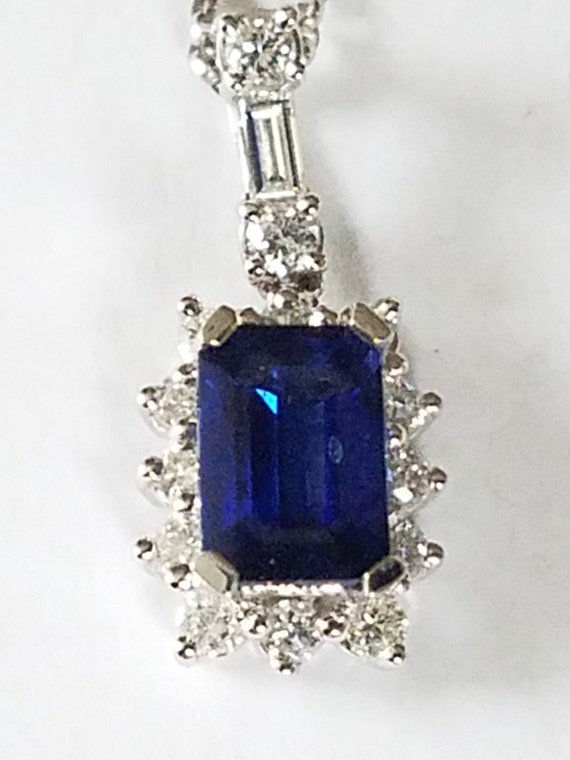 Natural Blue Emerald Cut Sapphire Necklace 14k White Gold
