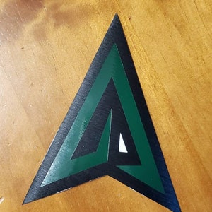 Può includere: Un adesivo a forma di freccia verde e nero con finitura metallica. La freccia punta verso l'alto.