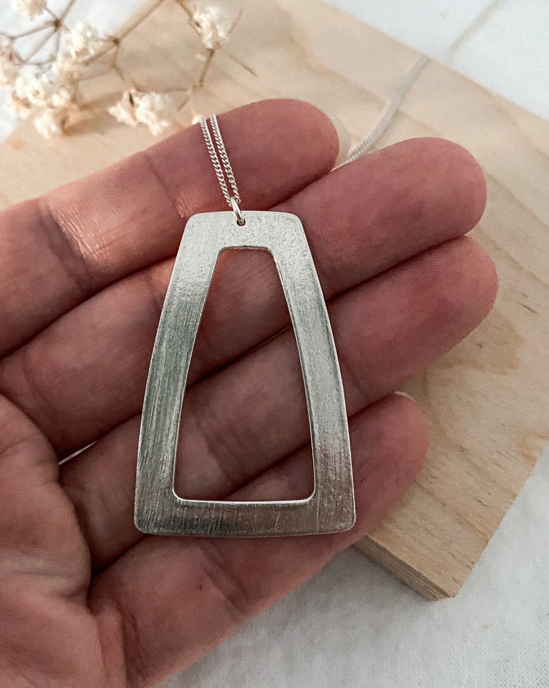 925 made from metal clay 960 sterling silver necklace GEOMETRIC COLLECTION- Long trapeze pendant brushed finish rounded corners