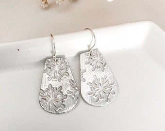 Snowflake dangle  960 sterling silver made from metal clay, 925 ear posts, brushed finish, handmade earrings