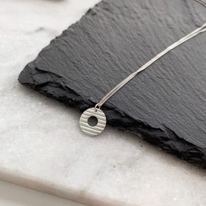 Small circle charm necklace, donut charm, textured circle charm, line pattern, metal clay jewelry,brushed silver, Jewelry gift idea image 3