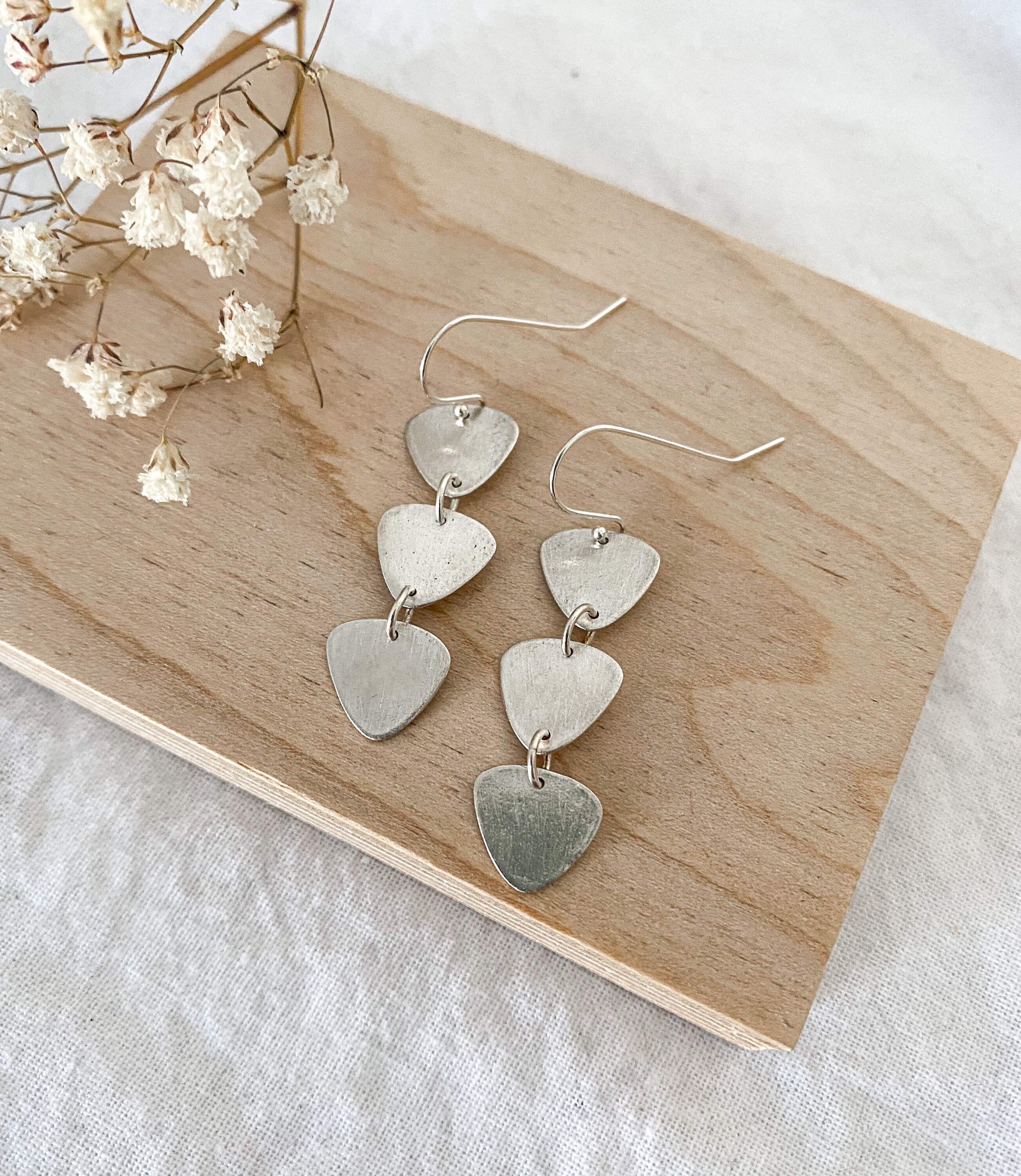 Silver Triangle Dangle Earrings, Three Triangles, Trio Dangles, Brushed