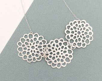 Silver doily lace necklace, dahlia trio pendant, three flower charms, metal clay, dainty flower necklace, statement flower pendant, gift