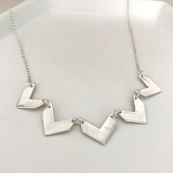 GEOMETRIC COLLECTION- chevron bib necklace, brushed sterling silver, 960 sterling metal clay, 925 chain, handmade