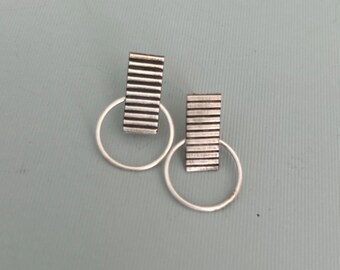 Textured bar dangle earring, striped silver earring, sterling silver, patterned rectangle stud, two tone dangles, Christmas jewelry gift