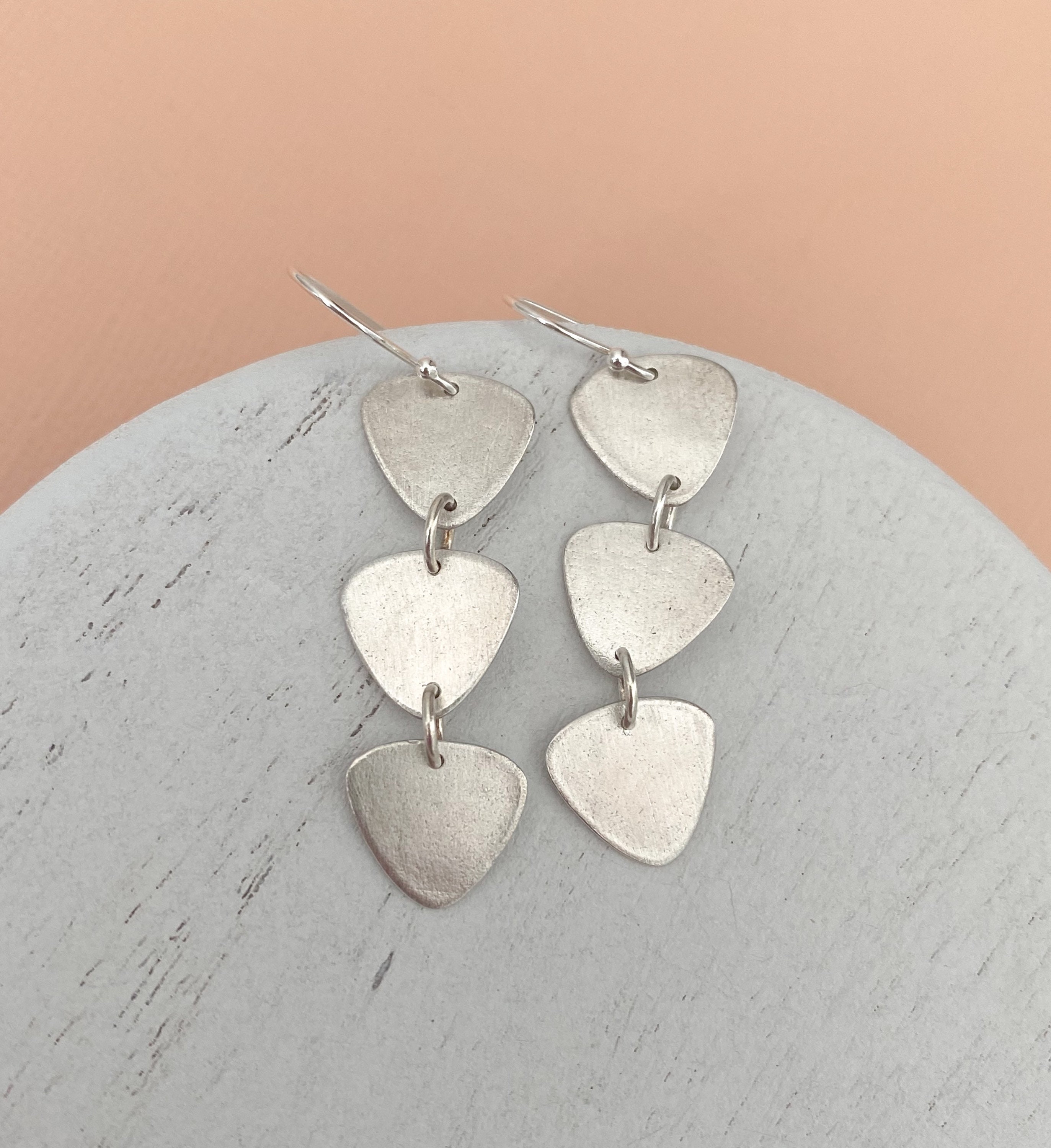 Silver Triangle Dangle Earrings, Three Triangles, Trio Dangles, Brushed