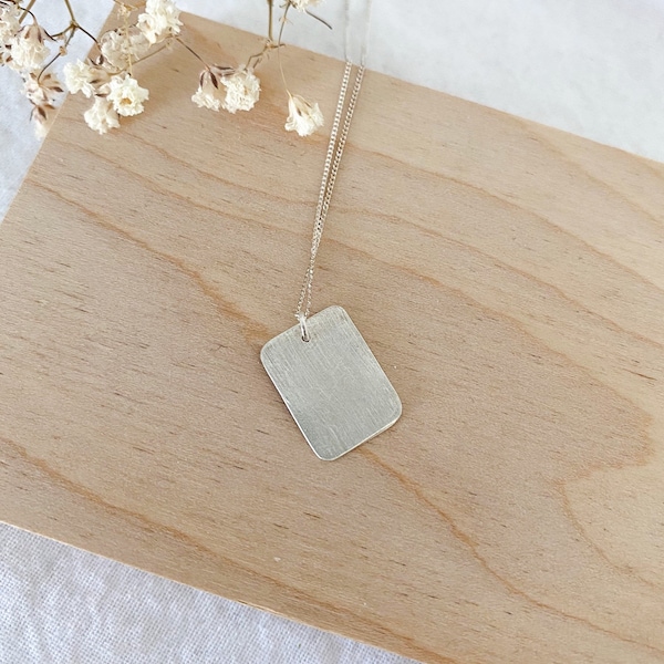 Simple rectangle charm necklace, silver square pendant,sterling silver metal clay, brushed silver finish,handmade pendant, jewelry gift idea