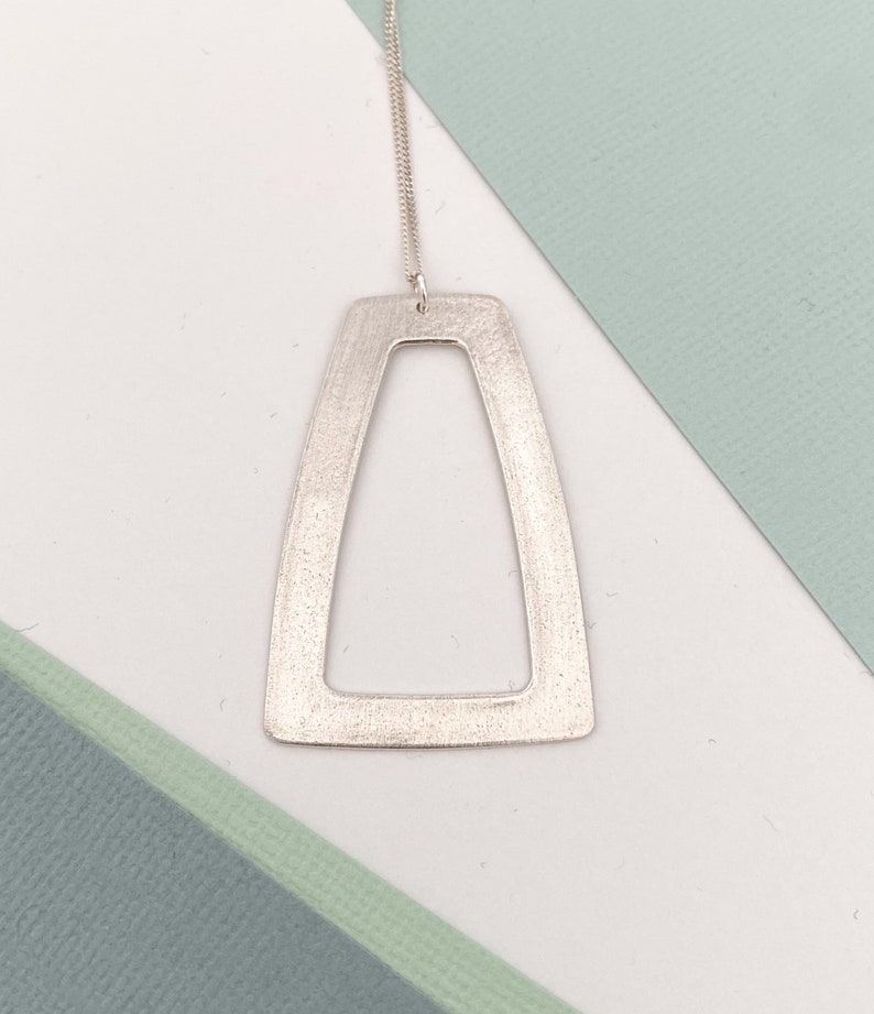 925 made from metal clay 960 sterling silver necklace GEOMETRIC COLLECTION- Long trapeze pendant brushed finish rounded corners