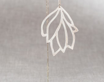 Floral Collection- Magnolia cutout necklace, Long and layered, 960 sterling silver made from metal clay, 925 chain, brushed finish, handmade
