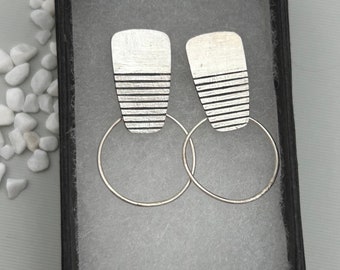 Trapeze dangles, textured stud, like pattern, dangle earrings, striped dangles, dangly ring, sterling silver ring earrings, brushed silver