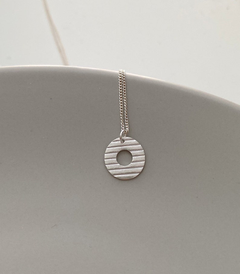 Small circle charm necklace, donut charm, textured circle charm, line pattern, metal clay jewelry,brushed silver, Jewelry gift idea image 4