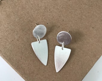 Small silver arrow drop earrings, triangle dangles, circle studs, Sterling silver made from metal clay, brushed silver dangles, Christmas