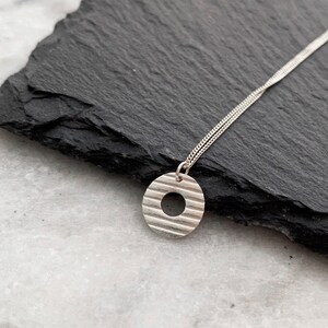 Small circle charm necklace, donut charm, textured circle charm, line pattern, metal clay jewelry,brushed silver, Jewelry gift idea image 1