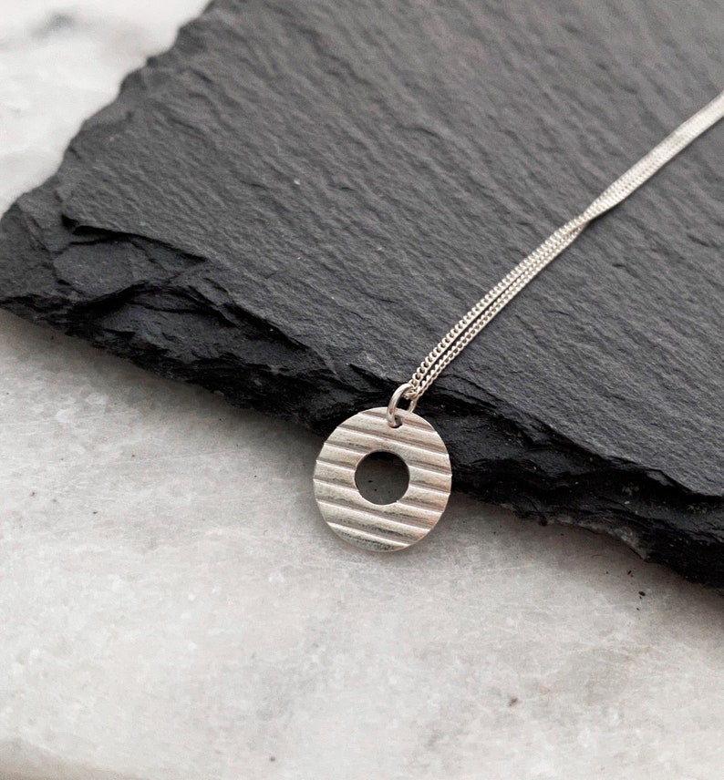 Small circle charm necklace, donut charm, textured circle charm, line pattern, metal clay jewelry,brushed silver, Jewelry gift idea image 1