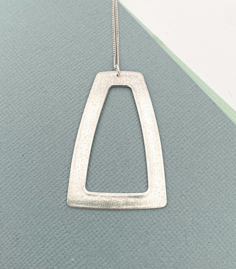 925 made from metal clay 960 sterling silver necklace GEOMETRIC COLLECTION- Long trapeze pendant brushed finish rounded corners