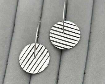 Striped circle hoop, sterling silver hoop, geometric earring, modern silver hoops,