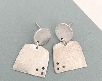 DOTTED DETAIL Collection- rounded square, stud dangle earrings, 960 sterling silver made from metal clay, 925 ear post, brushed matte finish