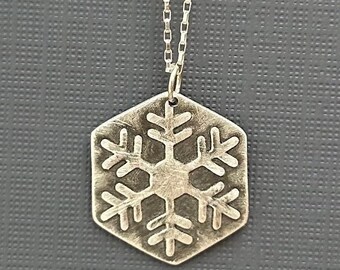 Snowflake pendant necklace, sterling silver snowflake, winter jewelry, brushed hexagon, embossed snowflake charm, birthday gift for wife