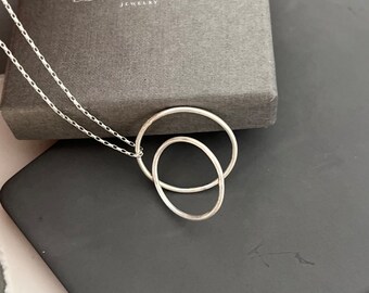 3 dimensional circle pendant necklace, double ring pendant, overlapping circle charms, sterling silver wire charm, handmade jewelry gift