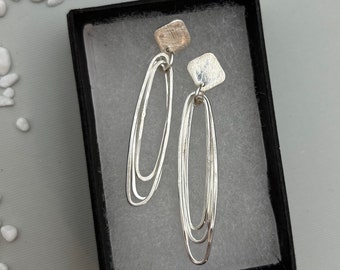 Oval link dangles, linky earrings, oval silver wire earrings, square studs, statement earrings, hammered wire, modern earrings, gift idea