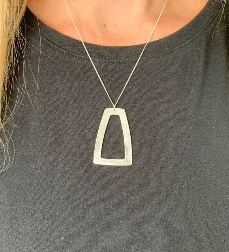 925 made from metal clay 960 sterling silver necklace GEOMETRIC COLLECTION- Long trapeze pendant brushed finish rounded corners