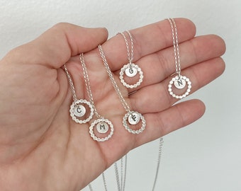 Initial charm necklace, dotty circle necklace, sterling silver initial pendant, layered charm necklace, double circle charm, handmade