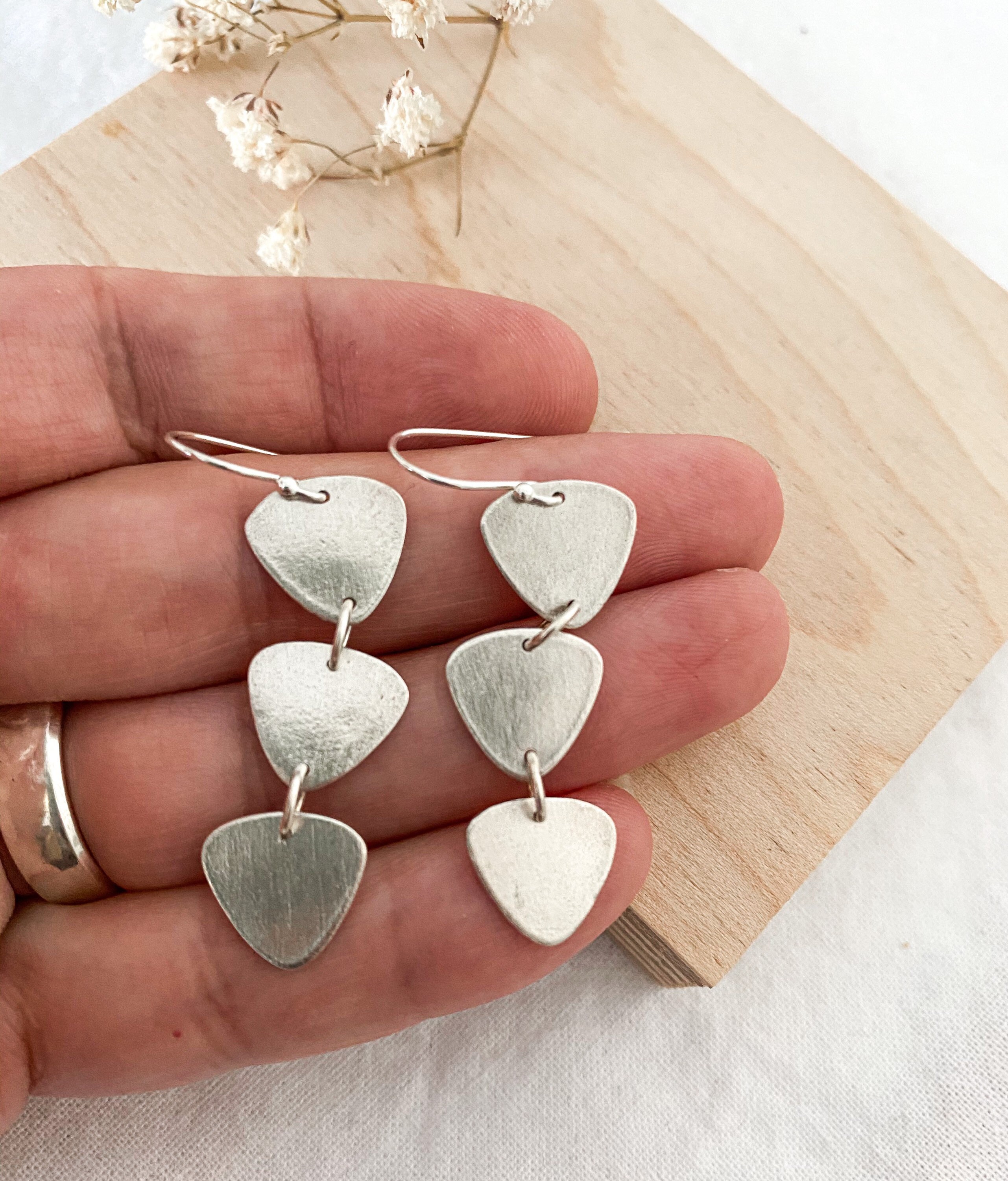 Silver Triangle Dangle Earrings, Three Triangles, Trio Dangles, Brushed