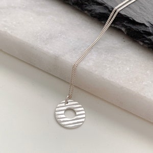Small circle charm necklace, donut charm, textured circle charm, line pattern, metal clay jewelry,brushed silver, Jewelry gift idea image 5