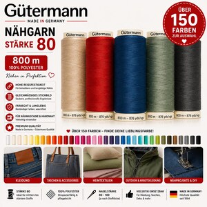Könnte beinhalten: Fünf Spulen Gütermann 100% Polyester-Nähgarn in Beige, Rot, Blau, Olivgrün und Schwarz. Jede Spule enthält 800 Meter Garn, gekennzeichnet als Stärke 80. Das Bild enthält Text, Farbmuster und Beispiele für fertige Projekte wie Kleidung, Taschen und Heimtextilien.