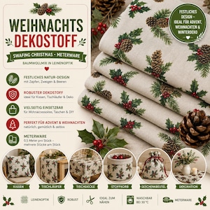 Op de afbeelding: Een beige katoenmix stof met een linnenlook, voorzien van een herhalend patroon van bruine dennenappels, groene dennentakken en rode bessen. De stof is in lagen gevouwen, met kleinere ronde afbeeldingen die verschillende afgewerkte items tonen.