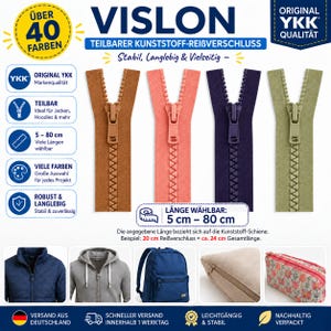 Pode incluir: Quatro fechos de correr de plástico YKK Vislon nas cores castanho, coral, azul escuro e verde azeitona. A imagem inclui etiquetas de texto indicando comprimentos de 5 cm a 80 cm e mostra exemplos de aplicação em casaco, hoodie e mochila.