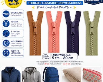 May include: Four YKK Vislon plastic zippers in brown, coral, dark blue, and olive green. The image includes text labels indicating lengths from 5 cm to 80 cm, and shows examples of the zippers applied to a jacket, hoodie, backpack, cushion, and pouch.