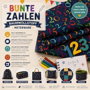 Tessuto di cotone con numeri colorati, venduto al metro | Tessuto per bambini per la scuola, il primo giorno di scuola | Tessuto con numeri blu scuro | Tessuto per borse da palestra, borse e decorazioni