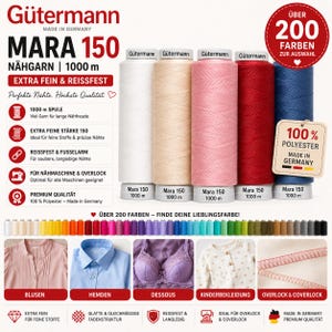 Könnte beinhalten: Fünf Spulen Gütermann Mara 150 Polyester-Nähgarn in Weiß, Beige, Rosa, Rot und Blau. Jede Spule enthält 1000 Meter Garn. Das Bild enthält Text mit Angaben zu Produktmerkmalen, Farbauswahl und verschiedenen Anwendungsbereichen für Stoffe.