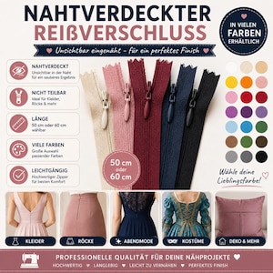 Puede incluir: Cinco cremalleras invisibles no separables en beige, rosa empolvado, burdeos, azul marino y negro. La imagen incluye texto en alemán que describe las cremalleras como invisibles, disponibles en 50 cm o 60 cm para vestidos y faldas.